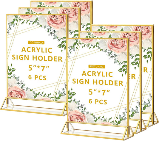Acrylic Sign Holder, 5 x 7 Inch Gold Frames, Double-Sided Display Stand Picture Frames, Table Signs Holders for Table Menus, Offices, Weddings, Flyers and Photo (Gold, 5 x 7 Inch (6 Pcs))