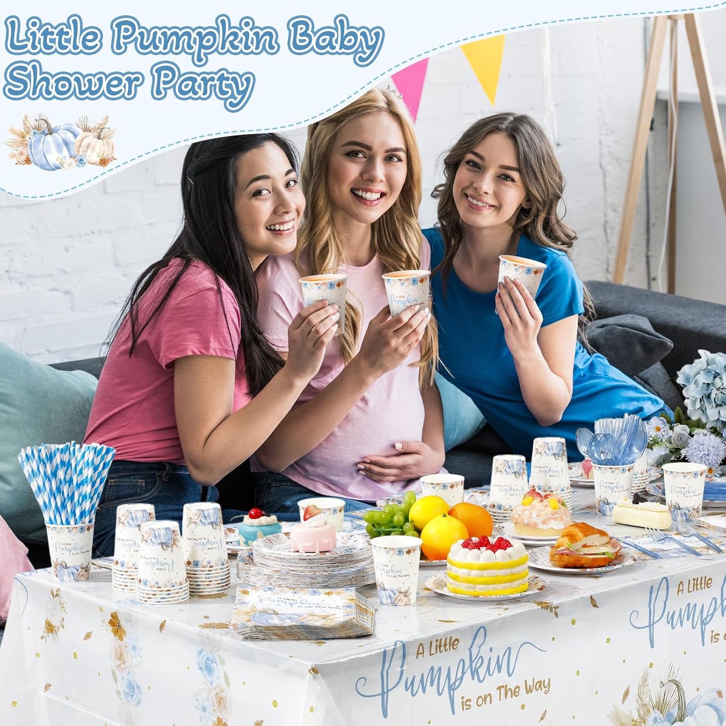 452 Pcs Little Pumpkin Baby Shower Decorations for 50, Blue A Little Pumpkin Is on the Way Paper Plates Napkins Cups Tablecloth Cutlery Straws for Autumn Fall Thanksgiving Party Supplies