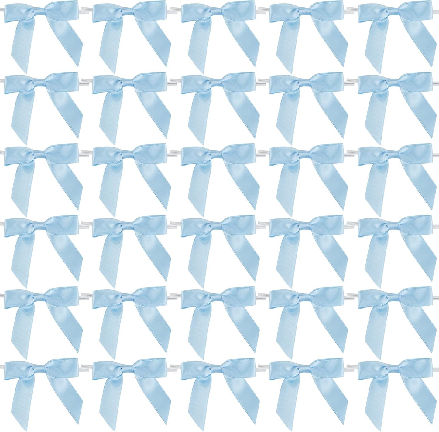 AIMUDI Light Blue Satin Ribbon Twist Tie Bows 2.5" Pretied Blue Bows for Baby Shower Premade Baby Blue Bows for Crafts Treat Bags Cake Pop Gift Wrapping Wedding Party Favors Goodie Bags - 50 Counts