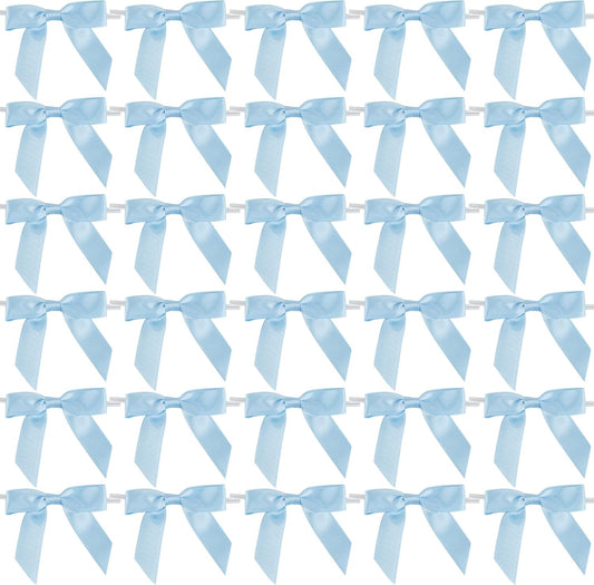 AIMUDI Light Blue Satin Ribbon Twist Tie Bows 2.5" Pretied Blue Bows for Baby Shower Premade Baby Blue Bows for Crafts Treat Bags Cake Pop Gift Wrapping Wedding Party Favors Goodie Bags - 50 Counts
