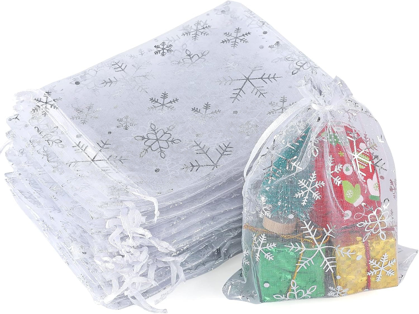 jijAcraft 5x7 Inch Christmas Organza Bags - 50Pcs White Snowflake Gift Bags with Drawstring, Xmas Party Favor Sheer Mesh Pouches for Winter Gift, Candy, Jewelry Bag