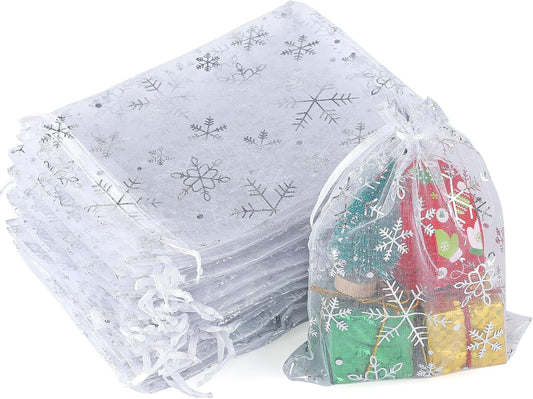 jijAcraft 5x7 Inch Christmas Organza Bags - 50Pcs White Snowflake Gift Bags with Drawstring, Xmas Party Favor Sheer Mesh Pouches for Winter Gift, Candy, Jewelry Bag