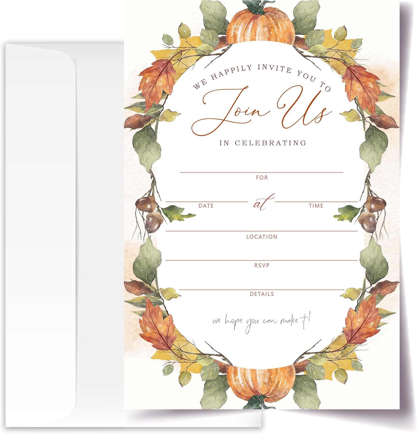 Join Us In Celebrating - Fall Invitation Cards with Envelopes Pack of 20 (4"x6") - Pumpkin Leaf Autumn Themed Invitations for Baby Shower, Wedding, Bridal Shower, Baptism, etc.(152)