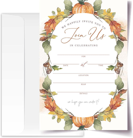 Join Us In Celebrating - Fall Invitation Cards with Envelopes Pack of 20 (4"x6") - Pumpkin Leaf Autumn Themed Invitations for Baby Shower, Wedding, Bridal Shower, Baptism, etc.(152)