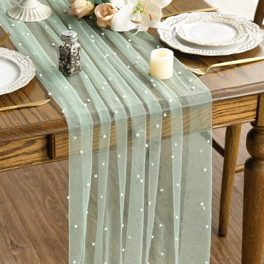 Artoid Mode Pearl Green Gauze Table Runner 120 Inch 10FT, Seasonal Sheer Dining Holiday Wedding Birthday Baby Shower Table Decor for Home Party