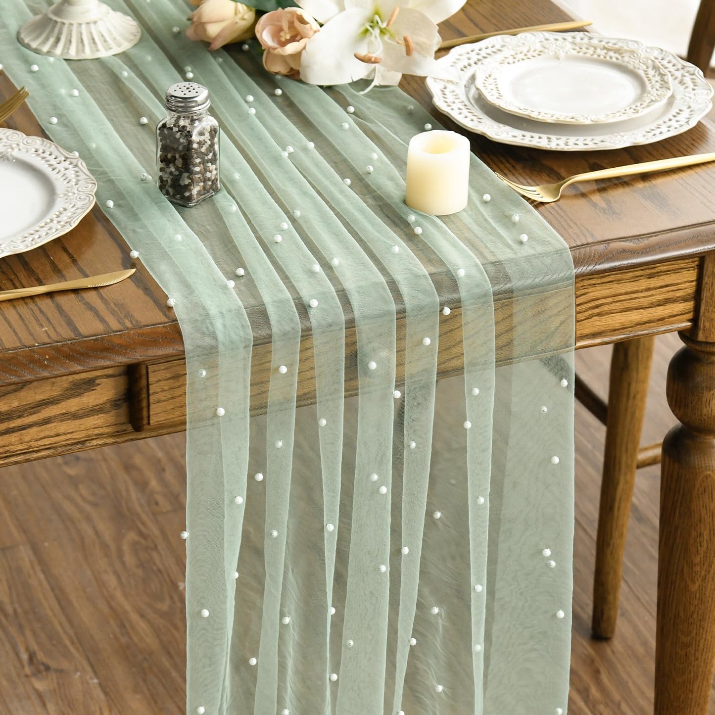 Artoid Mode Pearl Grass Green Gauze Table Runner 59x120 Inch , Seasonal Sheer Kitchen Dining Holiday Wedding Birthday Baby Shower Table Decor for Home Party