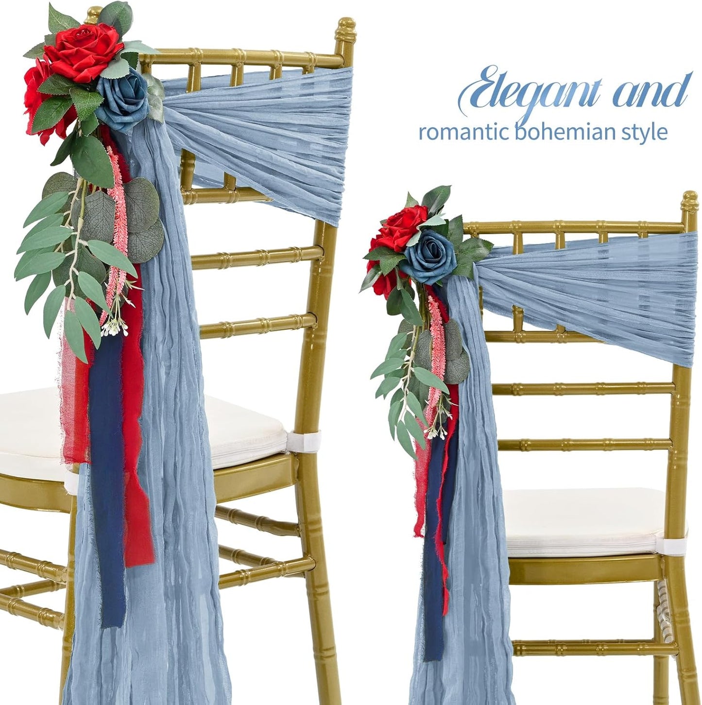 50 PCS Cheesecloth Chair Sashes Bows Wedding Aisle Decorations Chair Ribbon Ties Back Sash for Wedding Party Events Banquet Chair Cover Decoration (Dusty Blue)