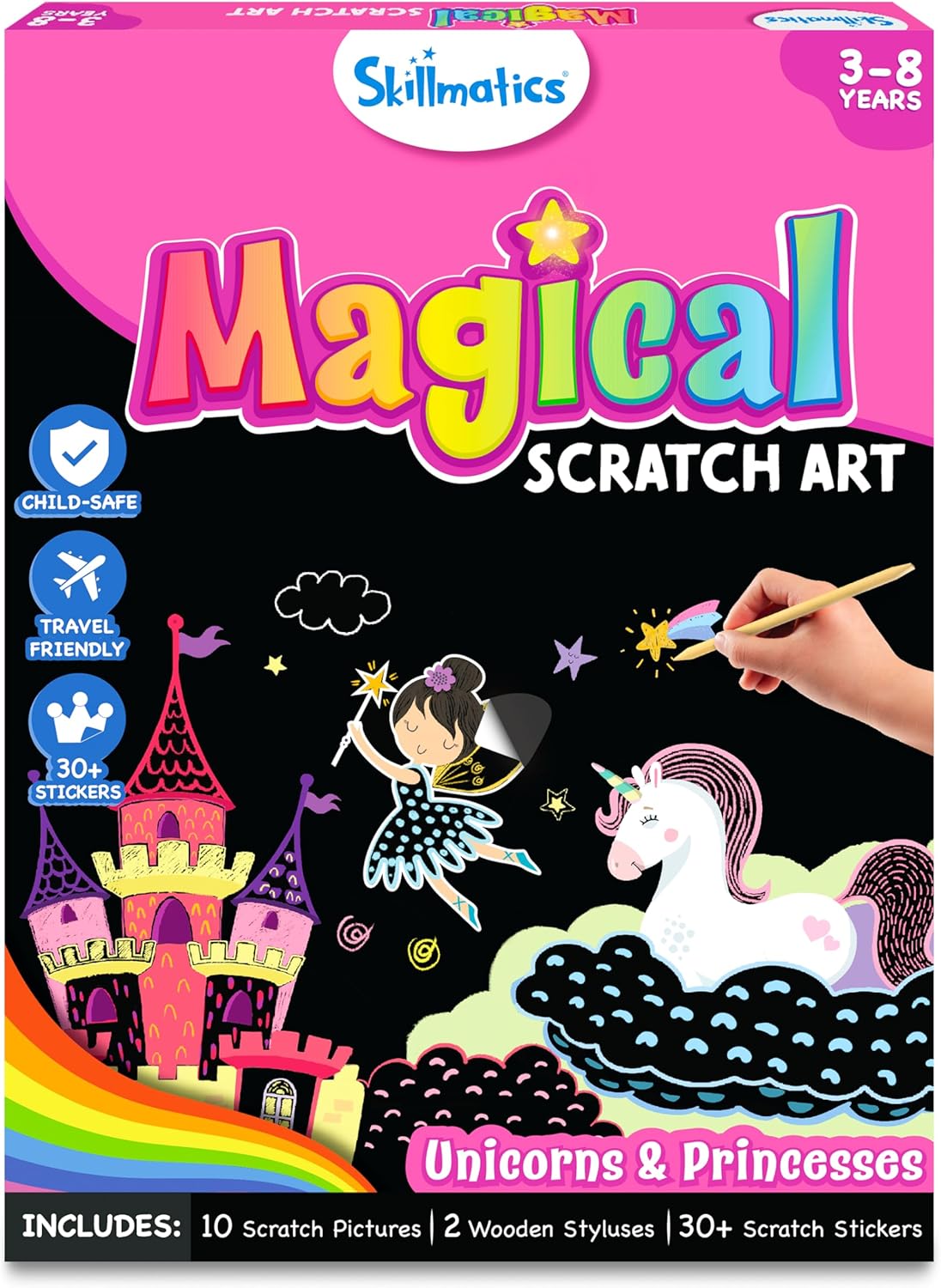 Skillmatics Scratch Art Book for Kids - Unicorns & Princesses, Craft Kits & Supplies, 30+ Scratch Stickers, Travel Toys, DIY Kit, Gifts for Girls & Boys Ages 3, 4, 5, 6, 7, 8