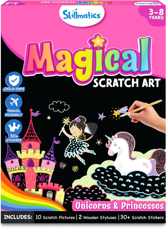 Skillmatics Scratch Art Book for Kids - Unicorns & Princesses, Craft Kits & Supplies, 30+ Scratch Stickers, Travel Toys, DIY Kit, Gifts for Girls & Boys Ages 3, 4, 5, 6, 7, 8