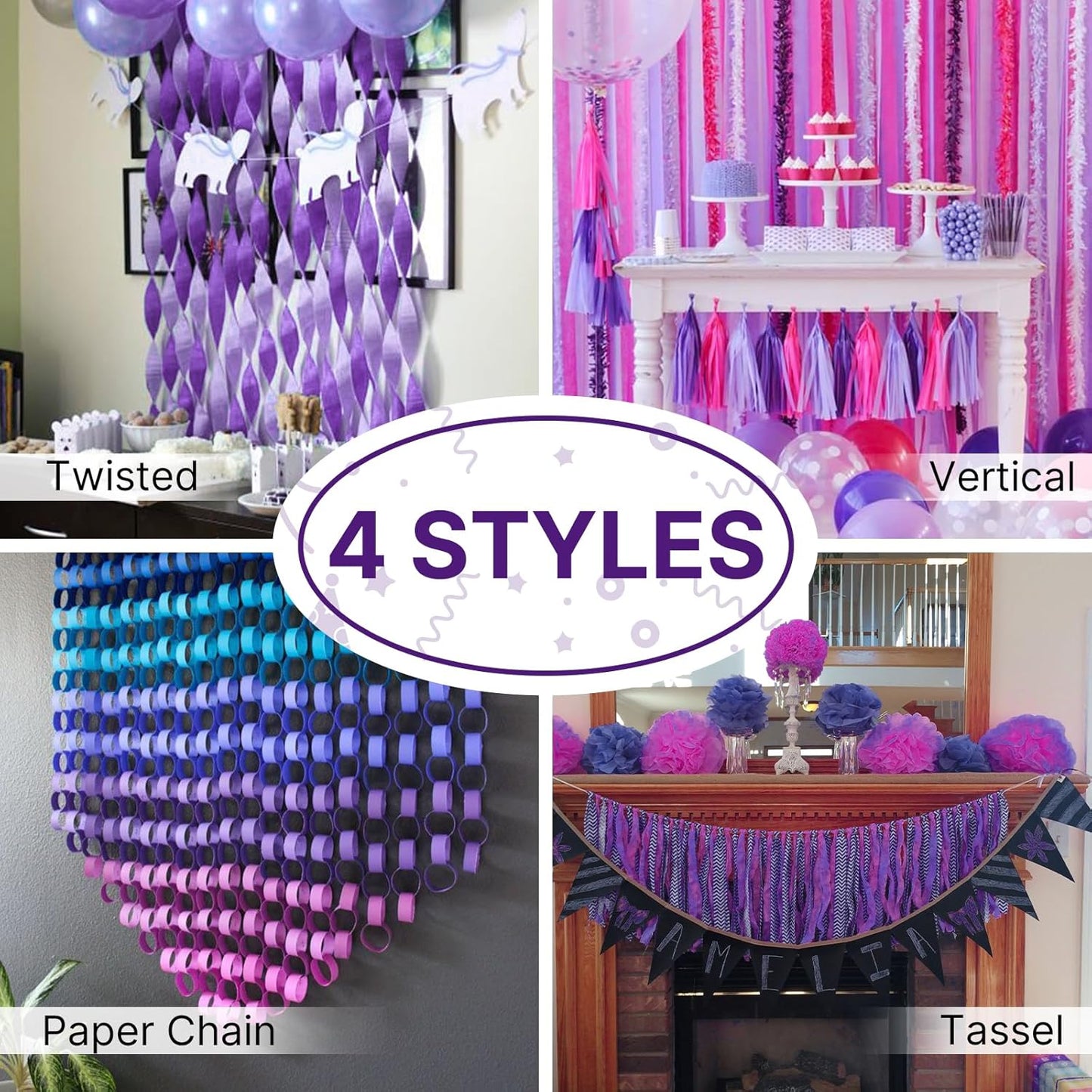 PartyWoo Crepe Paper Streamers 4 Rolls 328ft, Pack of Shades of Purple Crepe Paper for Party, Wedding, Birthday, Baby Shower Decorations (1.8 Inch x 82 Ft/Roll)