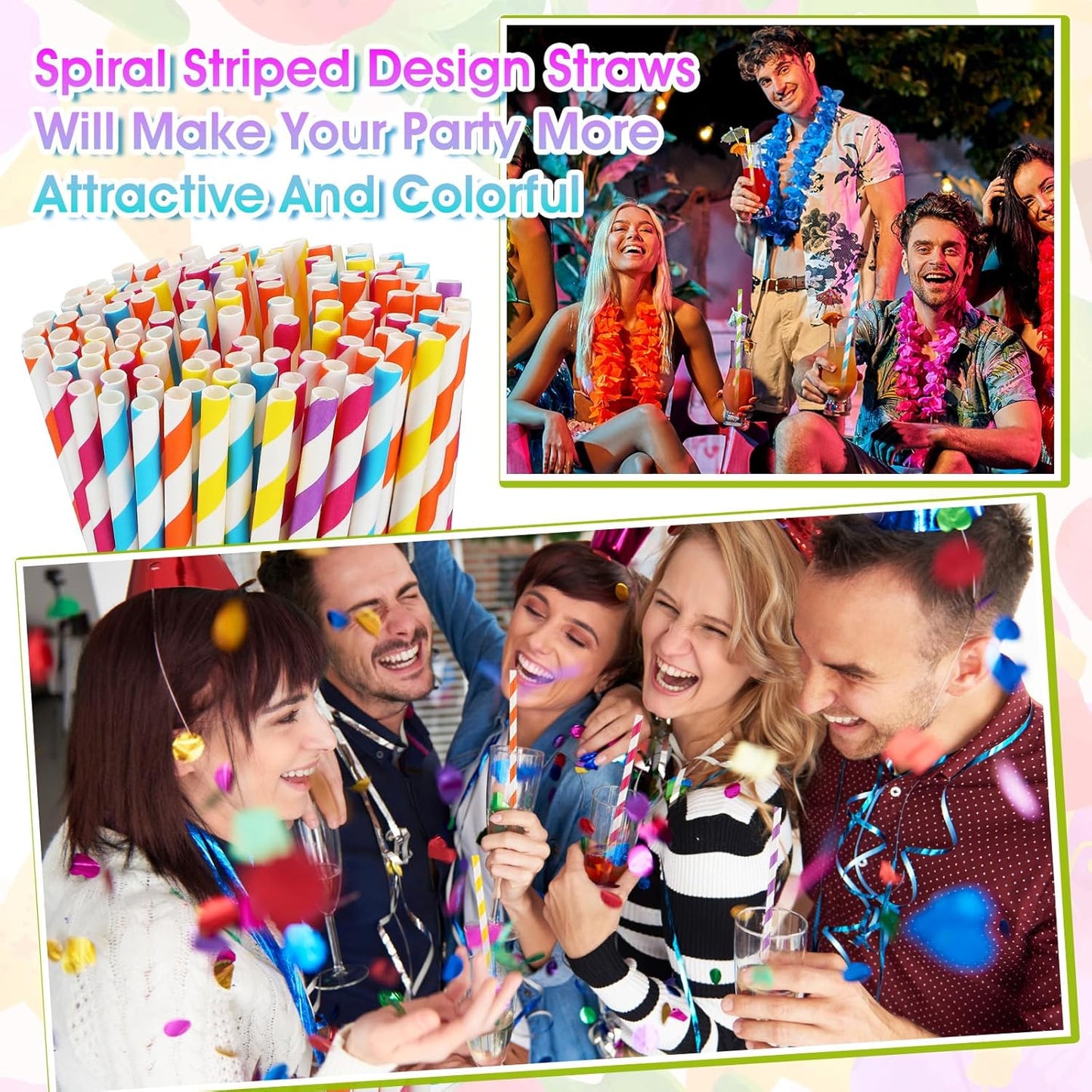 [1200 Pack] Striped Paper Drinking Straws，Sturdy & Non-Soggy，Food-Safe Ink, and Multi-Layered for Long-Lasting Use，Vibrant Assorted Colors for Summer Juice, Shakes, Cocktail,7.87 Inches