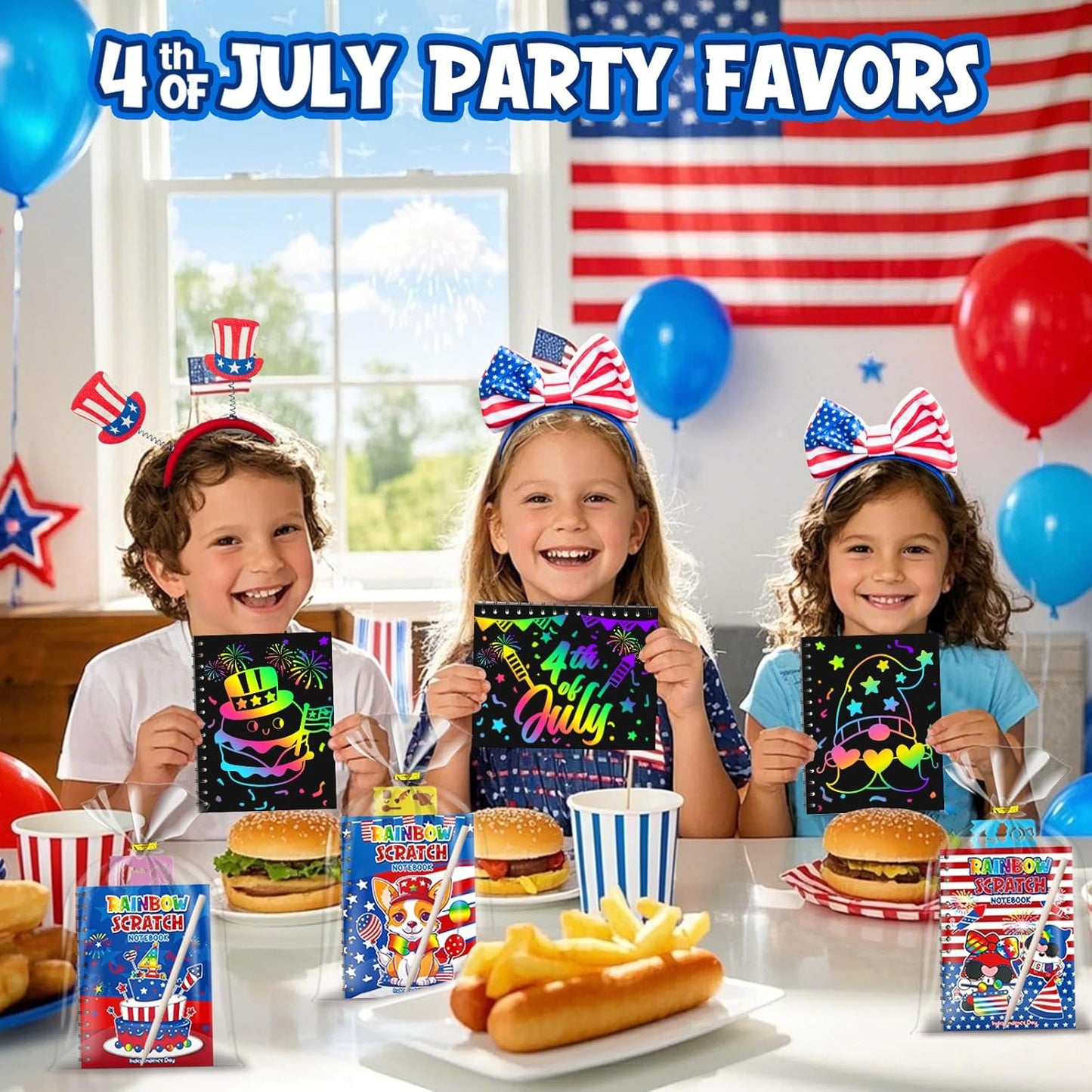 Party Favors for Kids: 24 Pack 4th of July Rainbow Scratch Art Notebook Classroom Supplies Bulk for Girls Boys Goodie Bags Stuffers, Independence Day Party Gift Kid Crafts