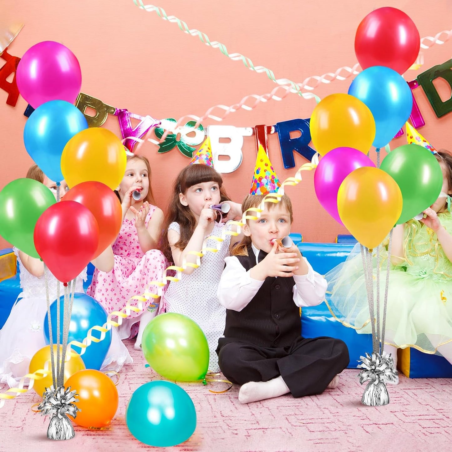 24 Pcs Balloon Weights Metallic Anchor Balloon Holder for Helium Balloons Heavy Table Weights and 1 Roll Iridescent Crimped Ribbon for Birthday Wedding Halloween Christmas Party(Silver)