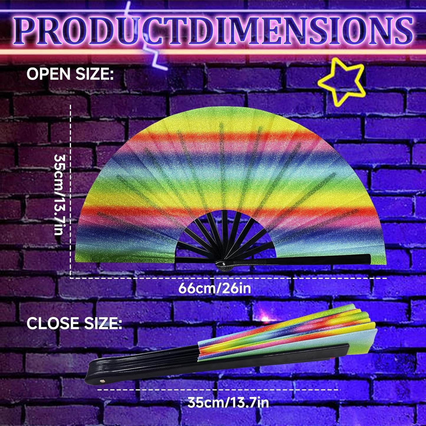 13'' Large Glitter Rave Fan Folding Hand Fans for Men Women Line Dancing Portable Handheld Clack Fan for Festival EDM Party Music Outfit Accessories