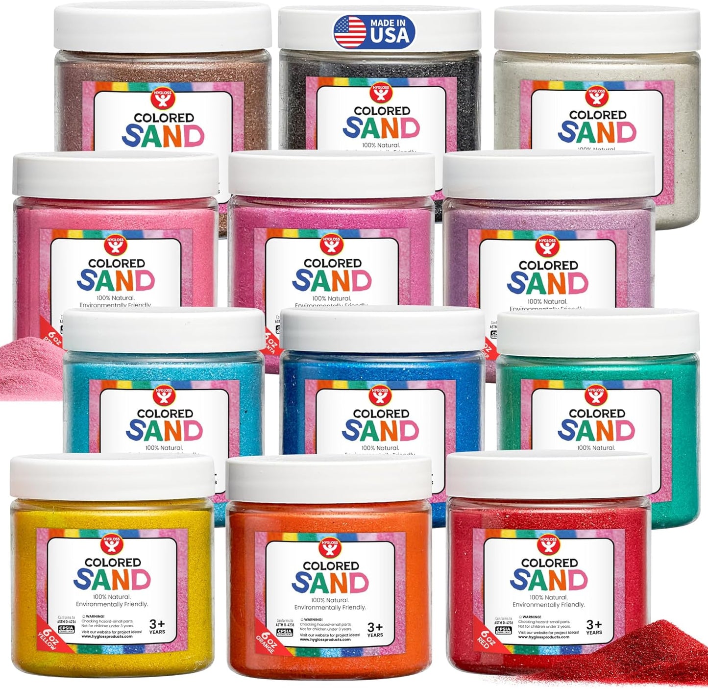 Hygloss Colored Sand for Crafts - 12 Assorted Colors 6-Ounce Vibrant Colorful Fine Sensory Play Sand Art Kits for Kids - Classroom Activities for Children 3 4 5 6 7 8 9 10 11 12 - Safe for Ages 3+