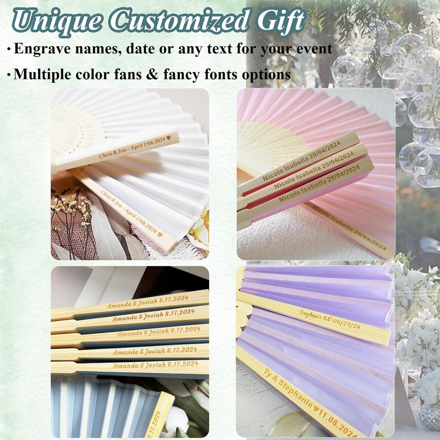 Personalized Engraved Light Blue Fans Folding Hand Fans 80 Pcs, Summer Wedding Fans, Custom Imitated Silk-Bamboo Fans for Guests Wedding Party Favor Bridal Shower Gifts Party Decoration