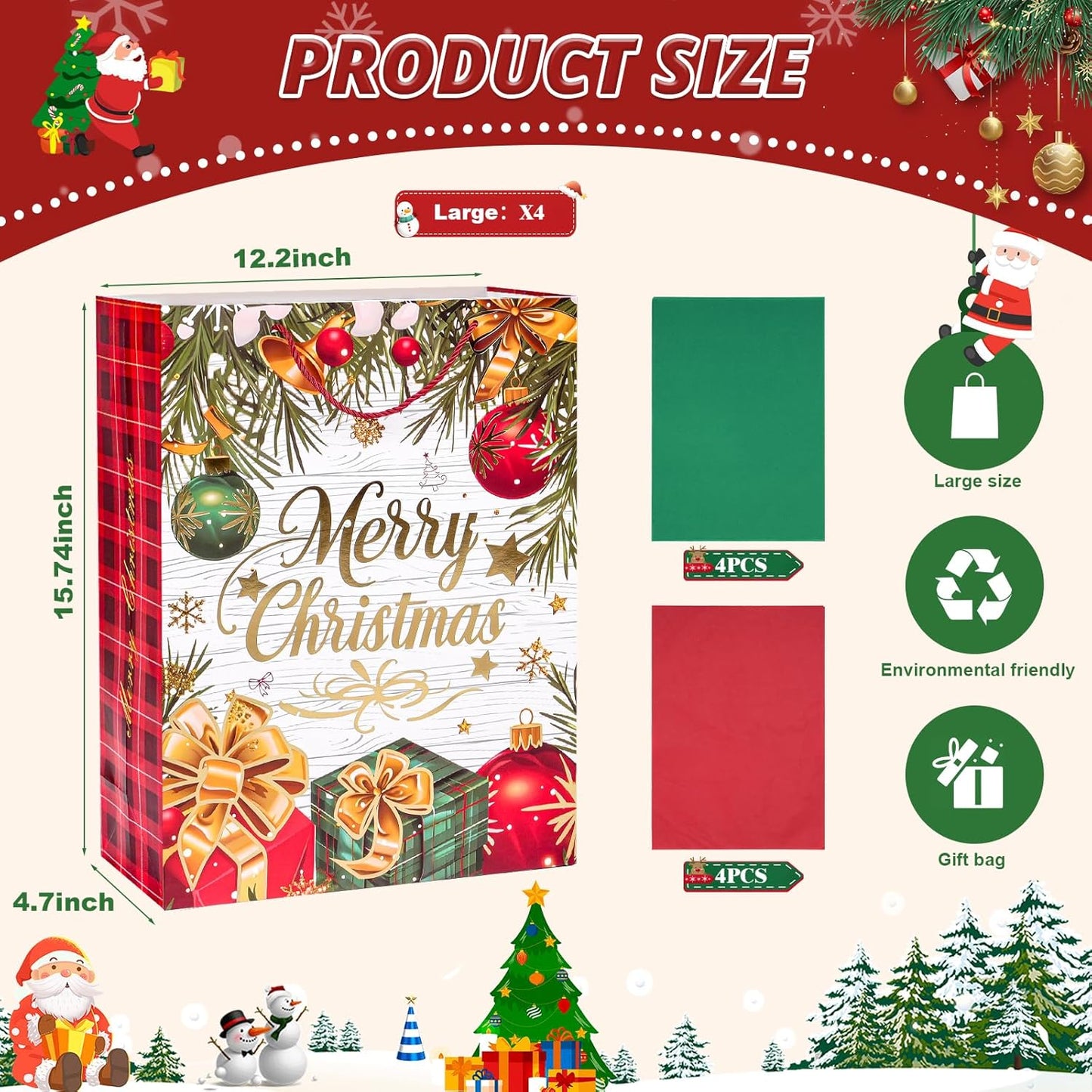 LYLIN 4Pcs 16" Large Christmas Gift Bags with 8 Tissue Papers, Reusable Christmas Tote Bags with Handles, Bulk Xmas Treat Bags for Wrapping Gifts, Party Favors and Holiday Decor