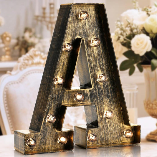 OYCBUZO Golden Black Led Marquee Letter - Industrial, Vintage Style Light Up Alphabet Letter Sign for Cafe Wedding Birthday Party Christmas Lamp Home Bar Initials Decor - A