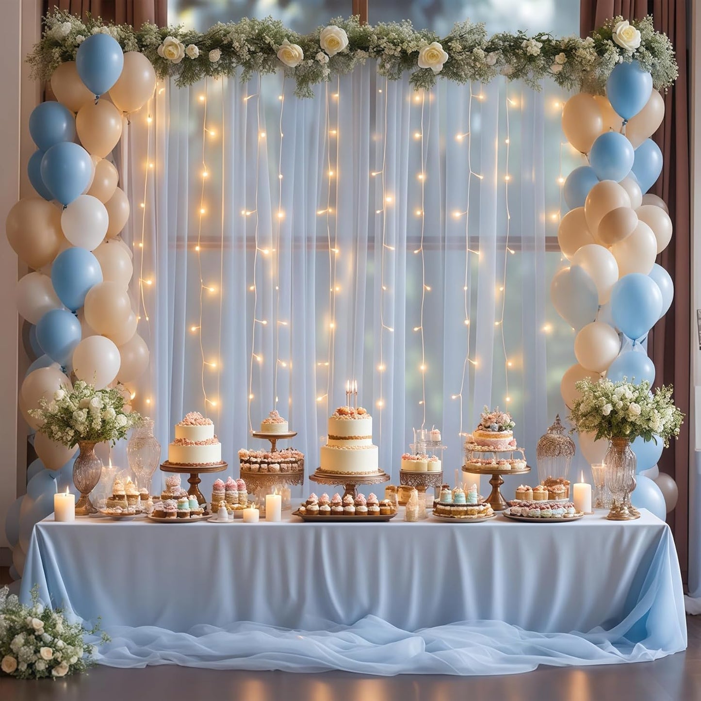 10×10ft Blue Tulle Backdrop Curtain with Lights String for Parties, Sheer Photo Curtain Backdrop Drapes for Wedding Party Photography Backgrounds