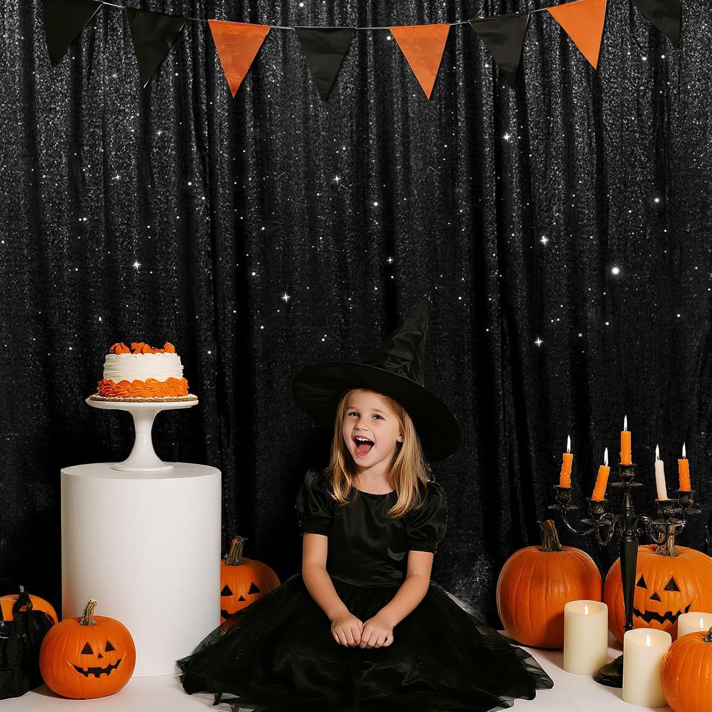 SquarePie Sequin Backdrop Less See Through Background for Wedding Halloween Party 7FT x 7FT Black