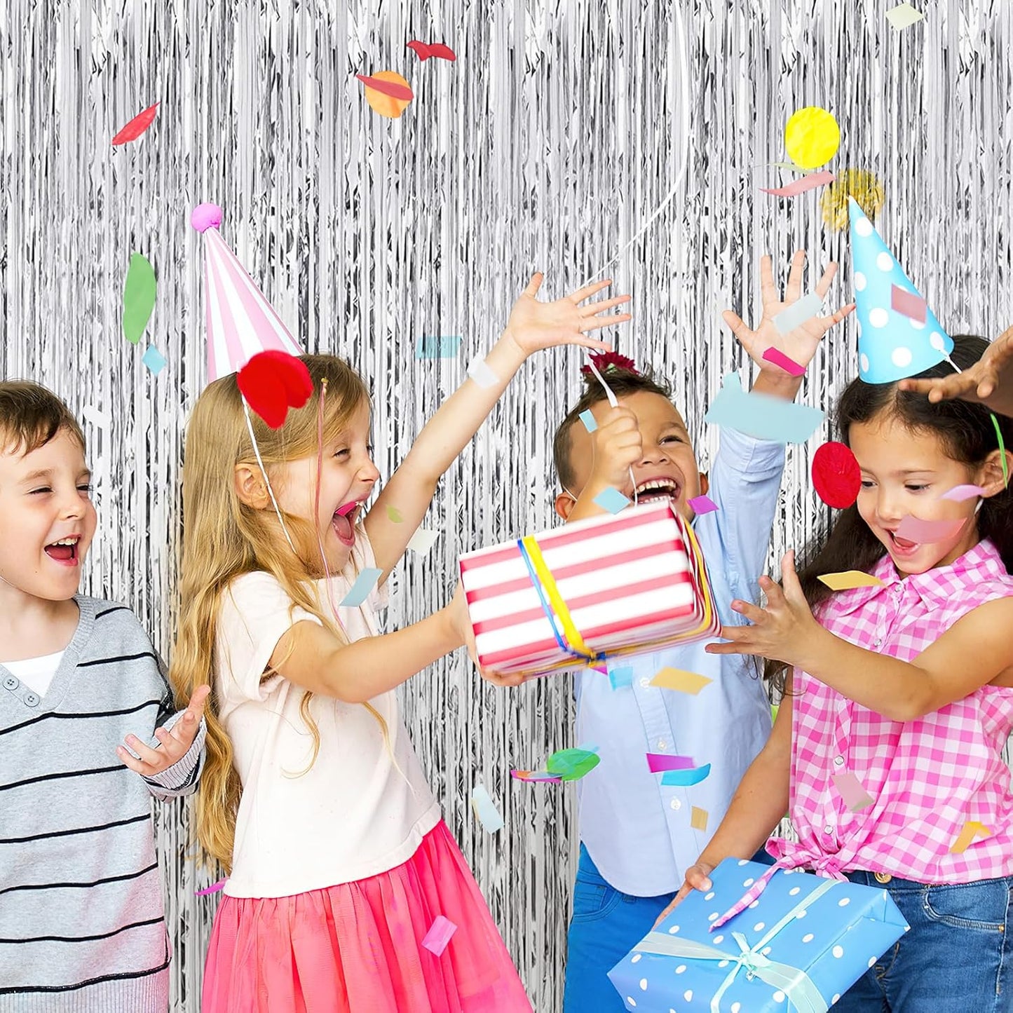 10 Pack Silver Foil Curtain Backdrop 3.2ft x 9.8ft Metallic Tinsel Foil Fringe Curtains Streamer Photo Booth Backdrop for Birthday Party Engagement Bachelorette Party Decorations (Silver)