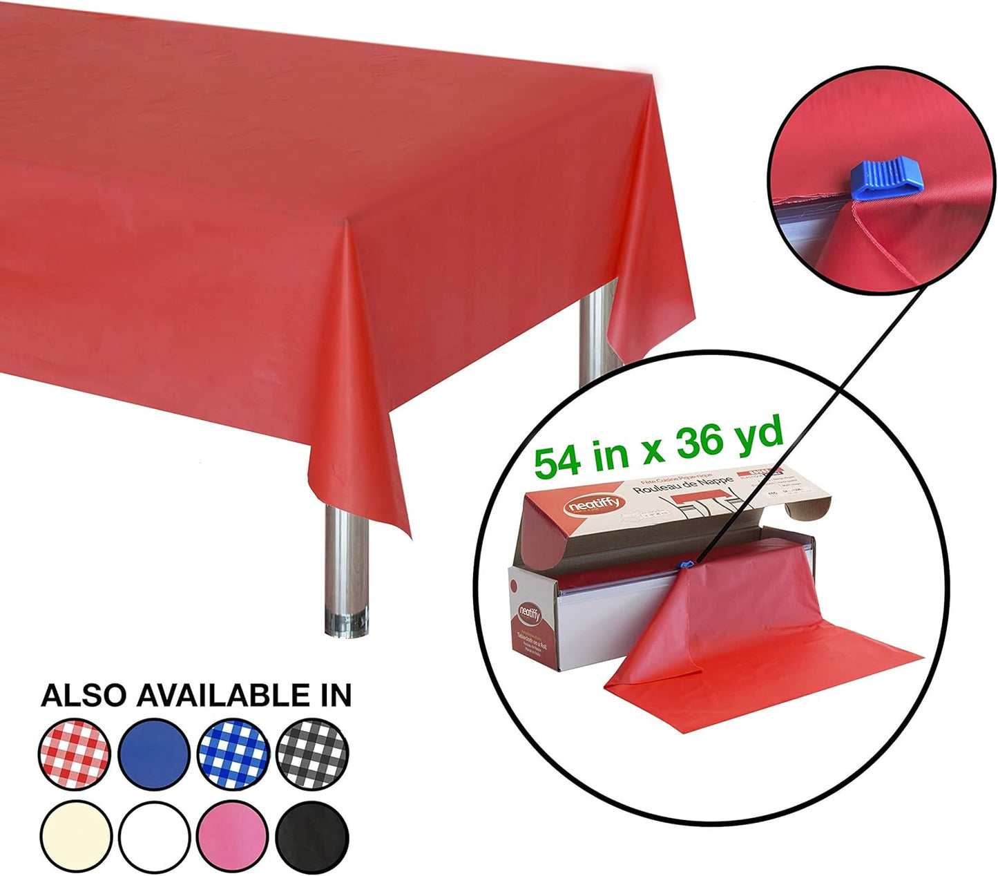 Neatiffy Disposable Plastic Table Cloth Roll | 54 in x 108 Ft Waterproof Tablecloth | Table Cover for Rectangle, Square, Round Oval Tables | Picnic, Party, Banquet, Birthdays, Weddings - Red