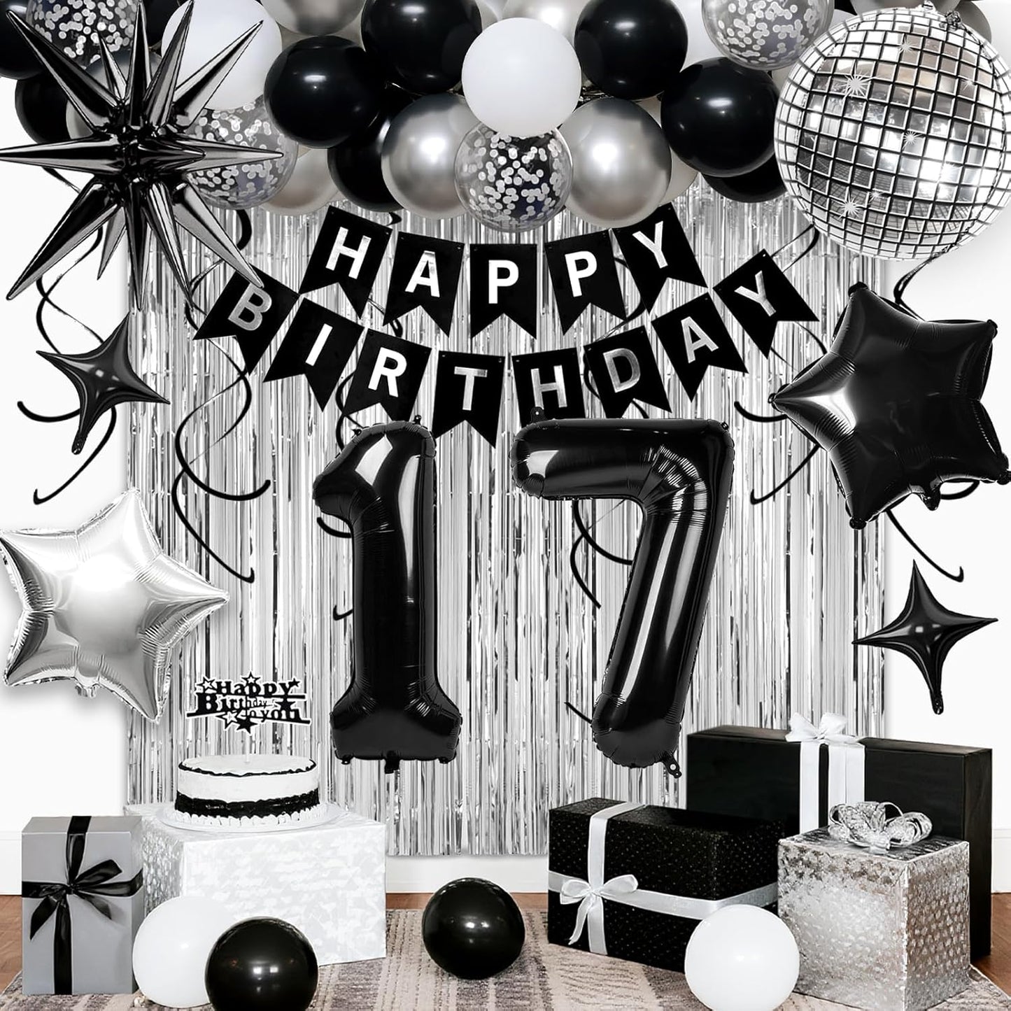 17th Birthday Decorations for Boys Girls, Black Silver Happy Birthday Party Decorations， 17 Year Old Party Supplies with Number 17 Balloons, Banner, Fringe Curtains Kit