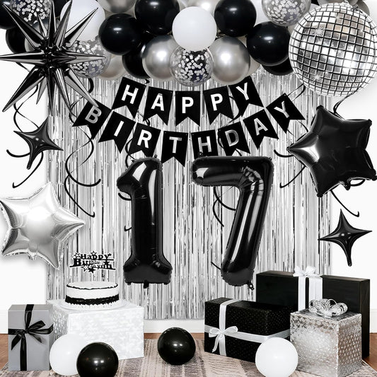 17th Birthday Decorations for Boys Girls, Black Silver Happy Birthday Party Decorations， 17 Year Old Party Supplies with Number 17 Balloons, Banner, Fringe Curtains Kit