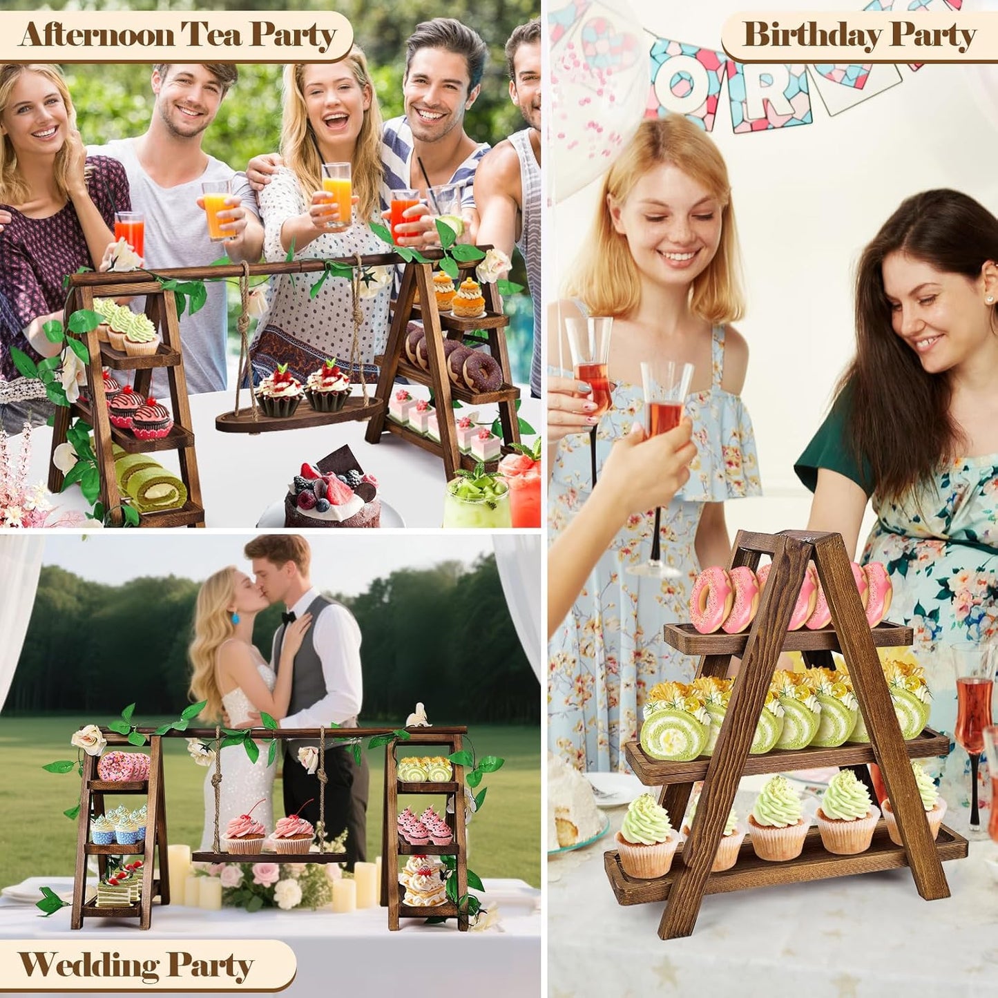 Wooden Cupcake Stand,3 Tier Cake Stands Party Food Display Serving Platter Tray Ladder Stand with Swing and Flower Decor,Rustic Dessert Table Display Set for Cake Fruit Donut Snack Cookie
