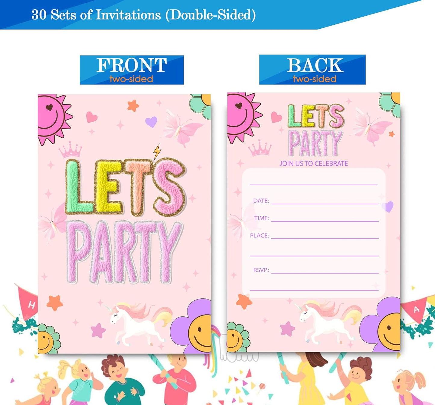 Preppy Patch Birthday Invitations for Girls, Let's Party Birthday Party Invitaions for Party Invites, 4x6 Inches, 30 Sets with Envelopes