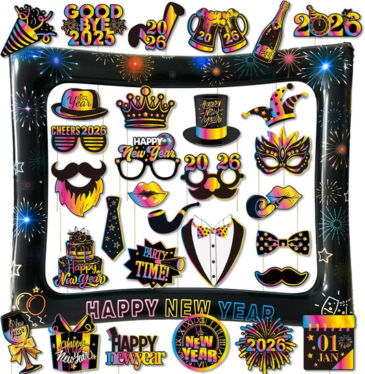2026 New Year Photo Booth Inflatable Frame Kit, 30Pcs Colorful Neon New Years Photo Booth Props with Inflatable Picture Frame for New Year Eve Party Selfie Props Supplies
