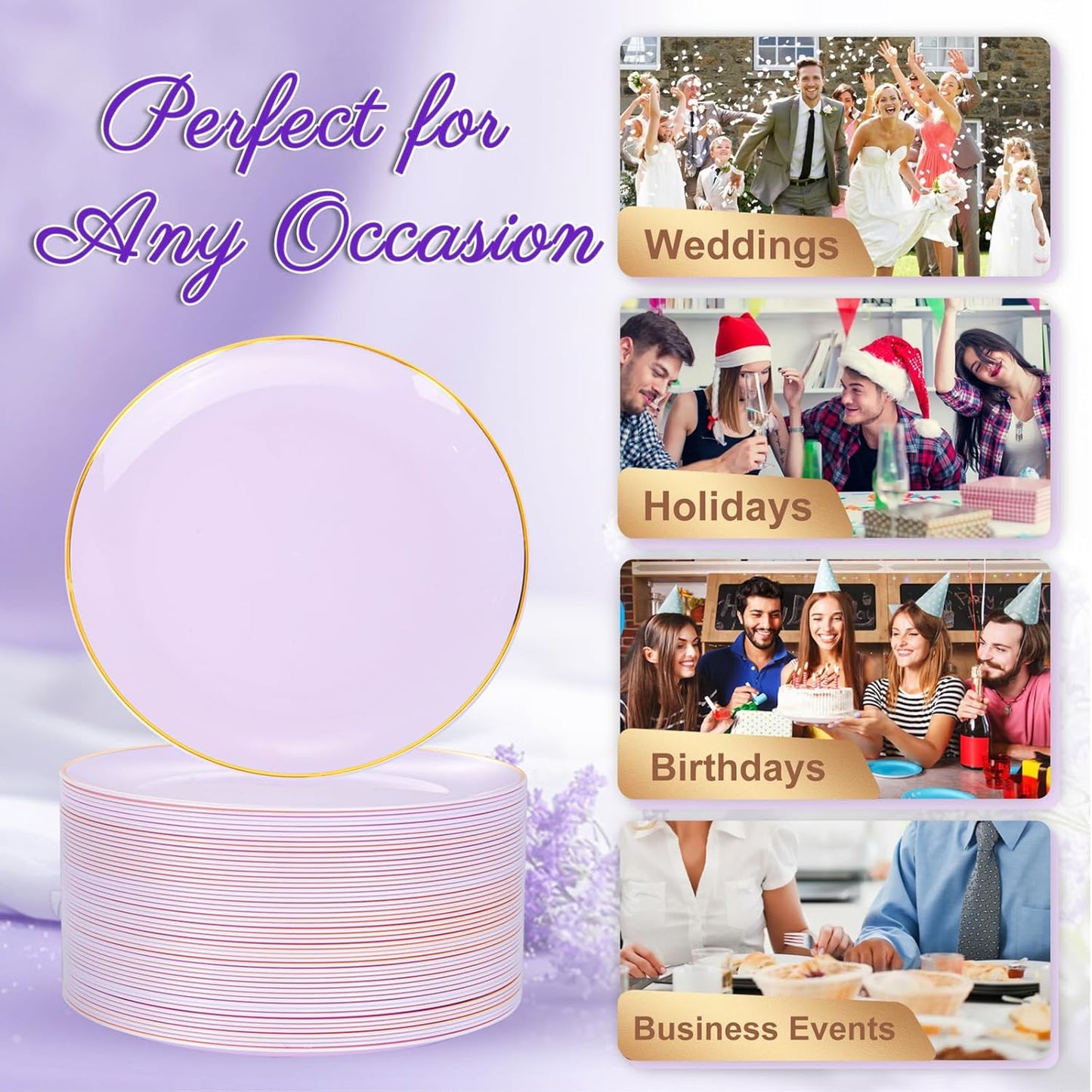 Festiva 200Pcs Purple Gold Dessert Plates 6.3" with Plastic Forks 5"- Disposable Lavender Purple Cake/Appetizer/Salad Plates - serve 100 guests for Party&Wedding&Easter