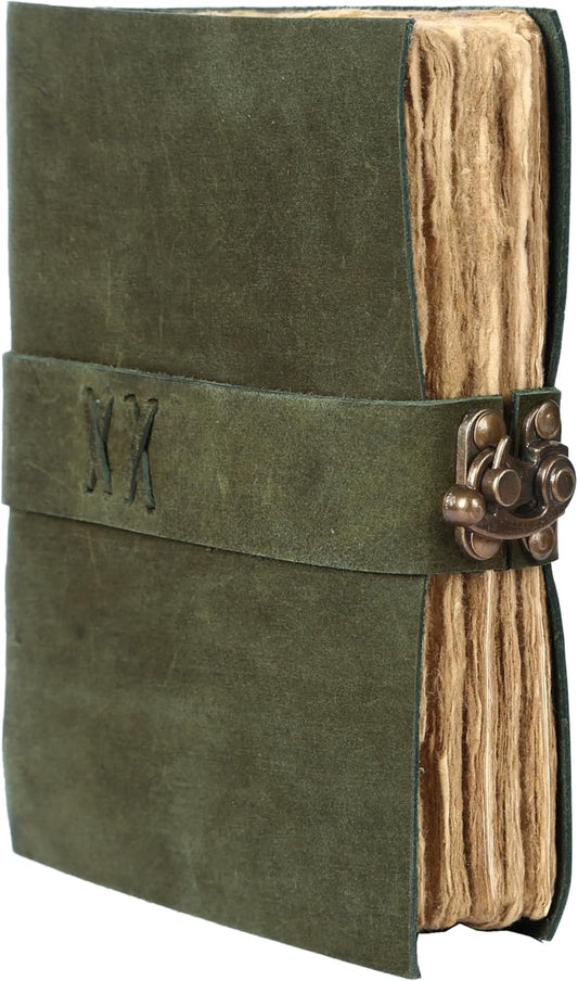 Vintage Leather Journal Handmade Buffalo Non-Refillable Deckle Edge Paper – Leather Bound Journal for Women, Men, C-Lock Closure Ideal for Writing & Travel for Artists (Dark Green)