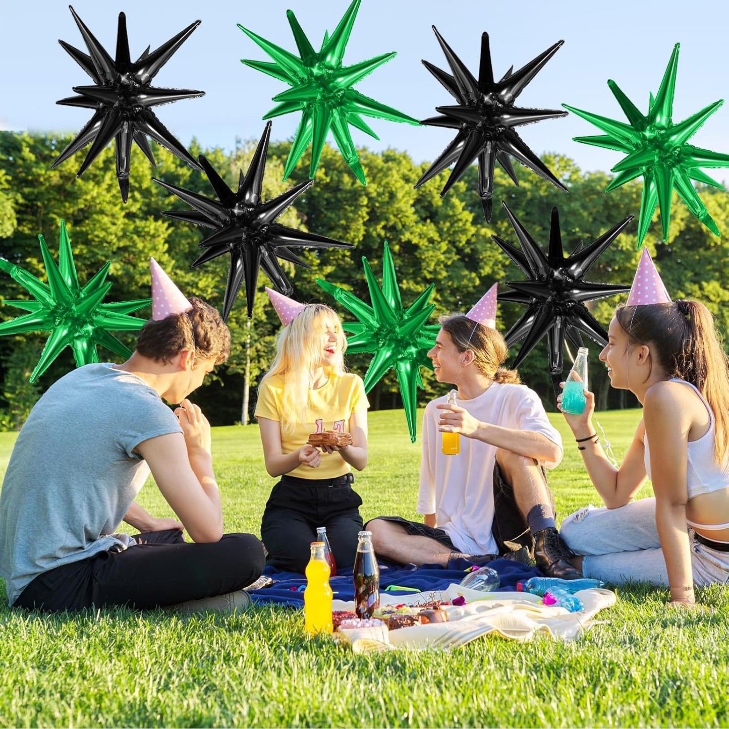 Black Green Star Balloons,9Pcs 22Inch Black Green Explosion Spike Cone Helium Polyester Film Star Foil Balloons for Birthday Anniversary Baby Shower Disco Party Decorations