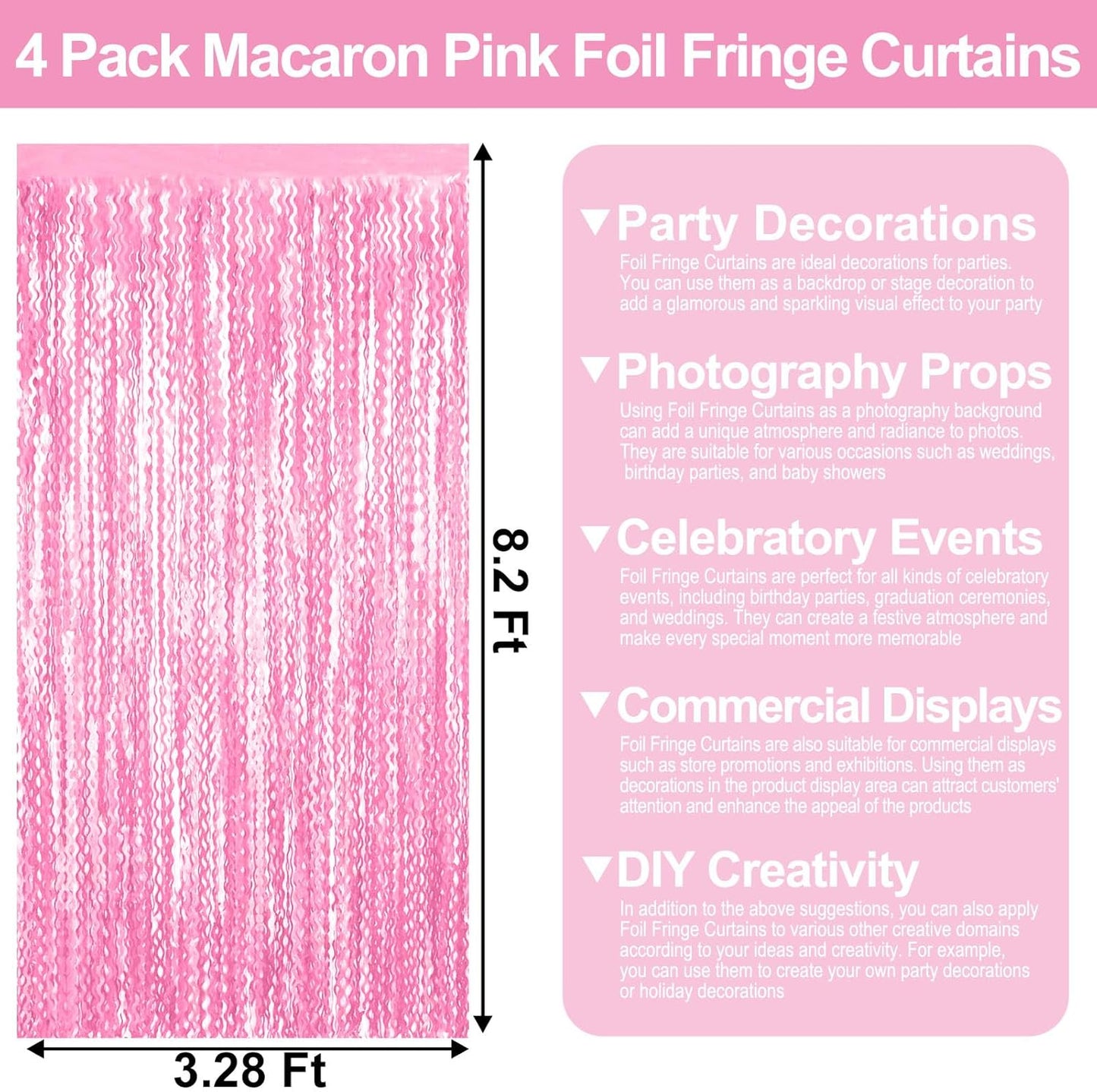 4 Pack Macaron Pink Wave Foil Fringe Curtain Backdrop, 3.28Ft x 8.2Ft Metallic Tinsel Foil Fringe Streamer Curtains for Photo Booth, Mother's Day, Easter, Birthday, Wedding Party Decoration