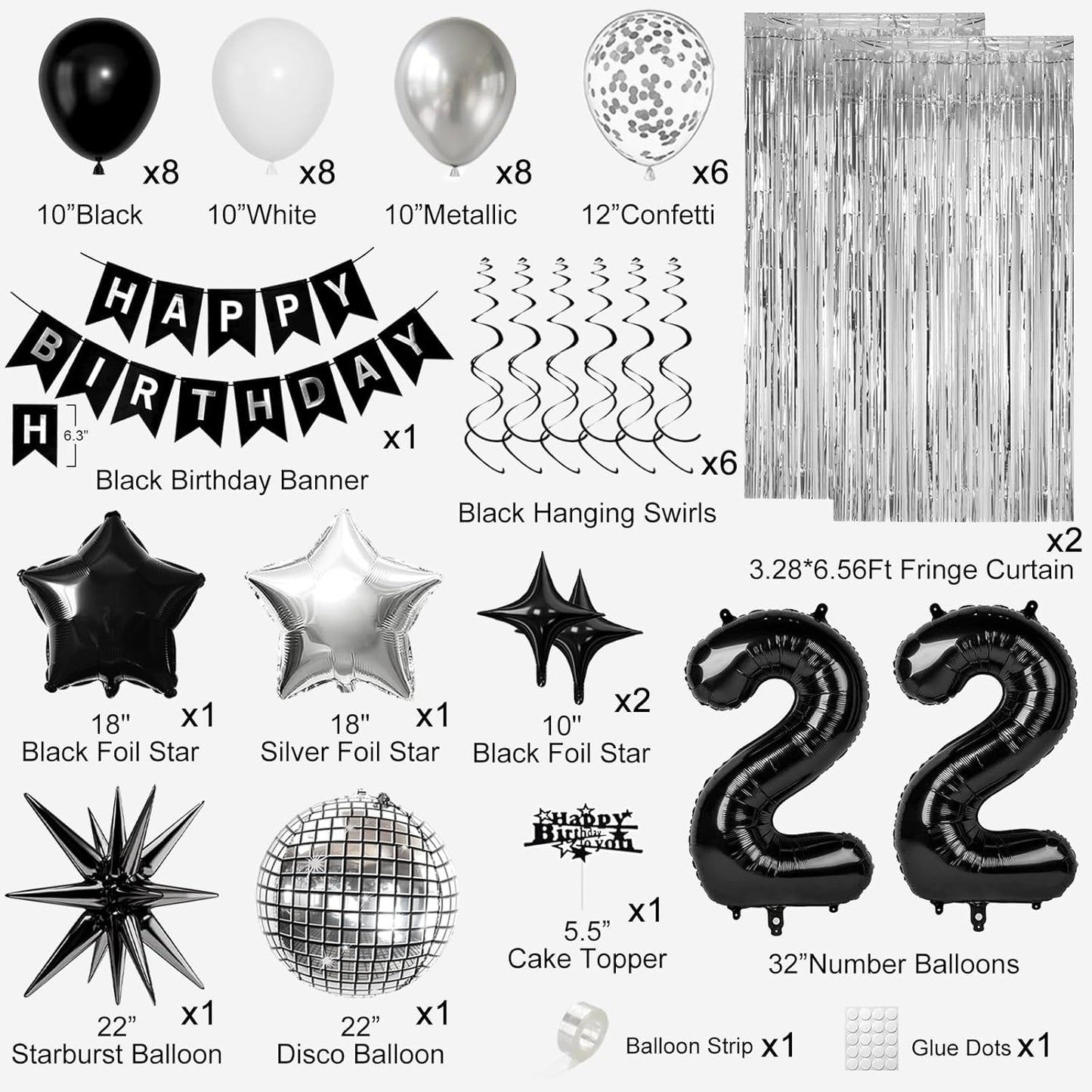 22nd Birthday Decorations for Men Women, Black Silver Happy Birthday Party Decorations， 22 Year Old Party Supplies with Number 22 Balloons, Banner, Fringe Curtains Kit