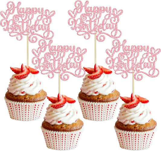 Gyufise 24Pcs Happy Birthday Cupcake Toppers Glitter Happy Birthday Cupcake Picks for Celebrating Happy Birthday Anniversary Theme Party Cake Decorations Supplies Pink
