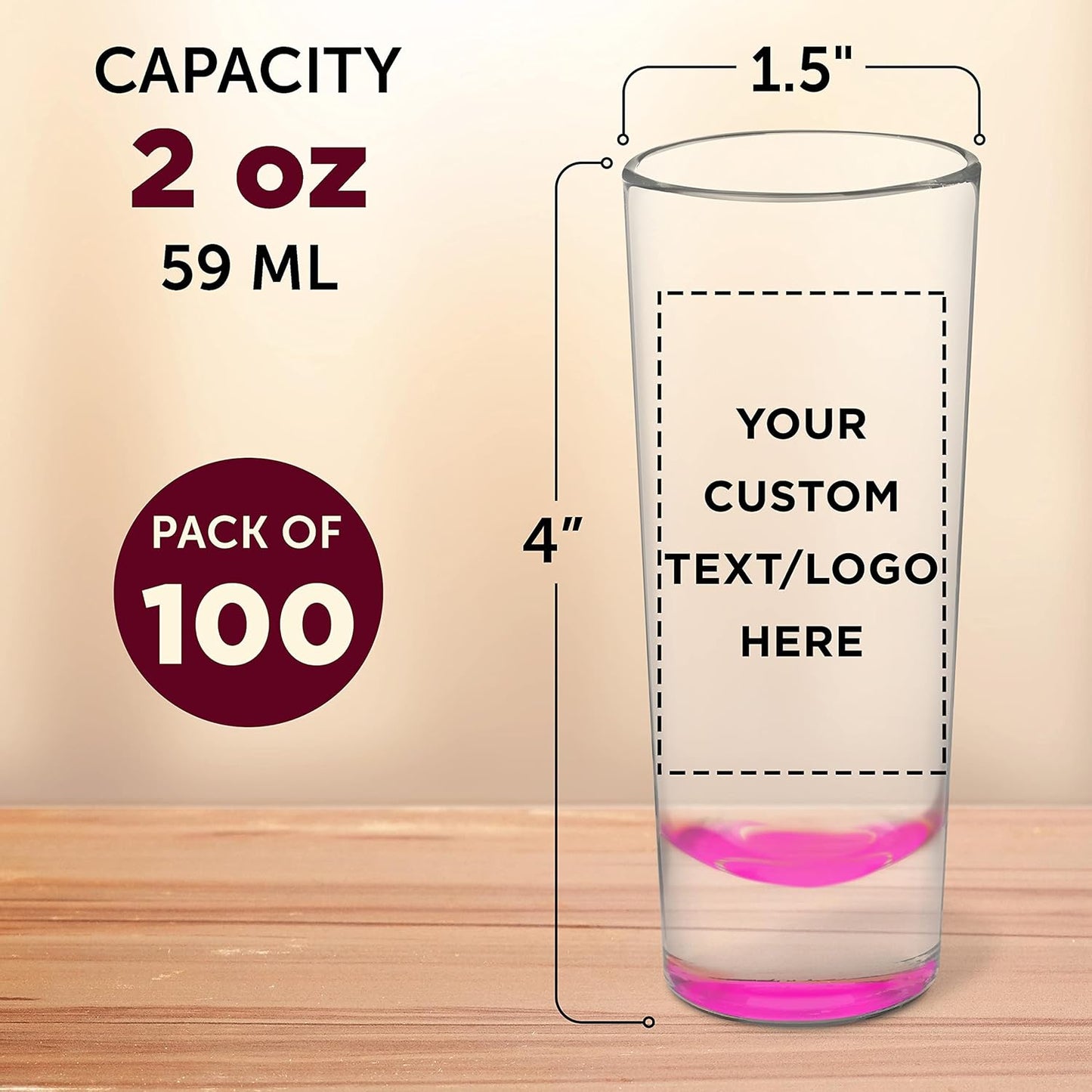 Custom Cordial Shooter Shot Glasses 2 oz. Set of 100, Personalized Bulk Pack - Great for Birthdays, Parties, Indoor & Outdoor Events - Pink