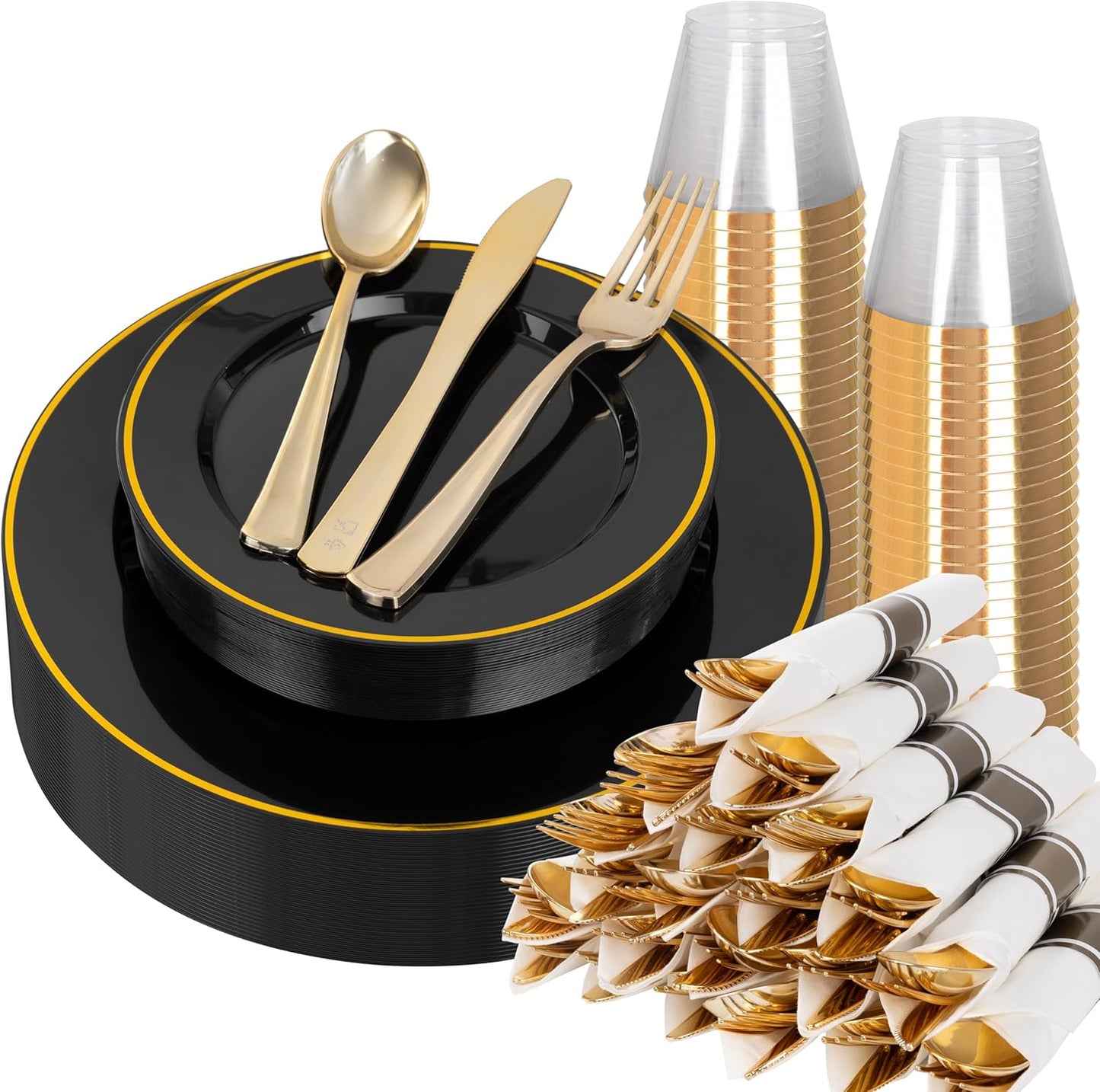 SUT 175 Pcs Black and Gold Plastic Dinnerware Set for 25 Guests, Include: 25 Dinner Plates, 25 Dessert Plates, 25 Pre Rolled Napkins With Silverware, 25 Cups, Disposable Plates for Halloween, Party