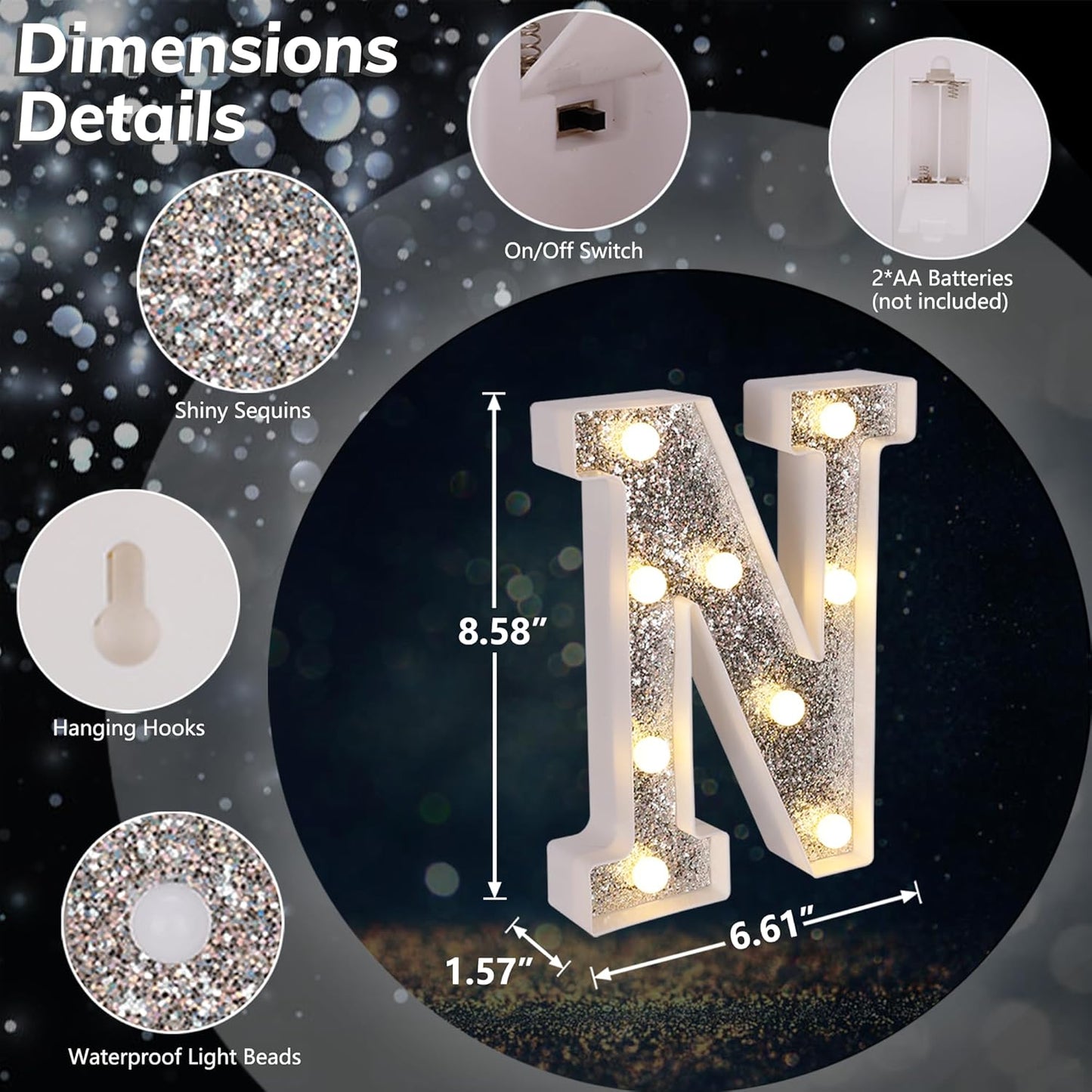 Marquee Light Up Letters, Glitter Silver LED Letter Lights Battery Powered Alphabet Letter Sign for Night Light Wedding Birthday Party Cafe Bar Decoration Girls Room Decor - N