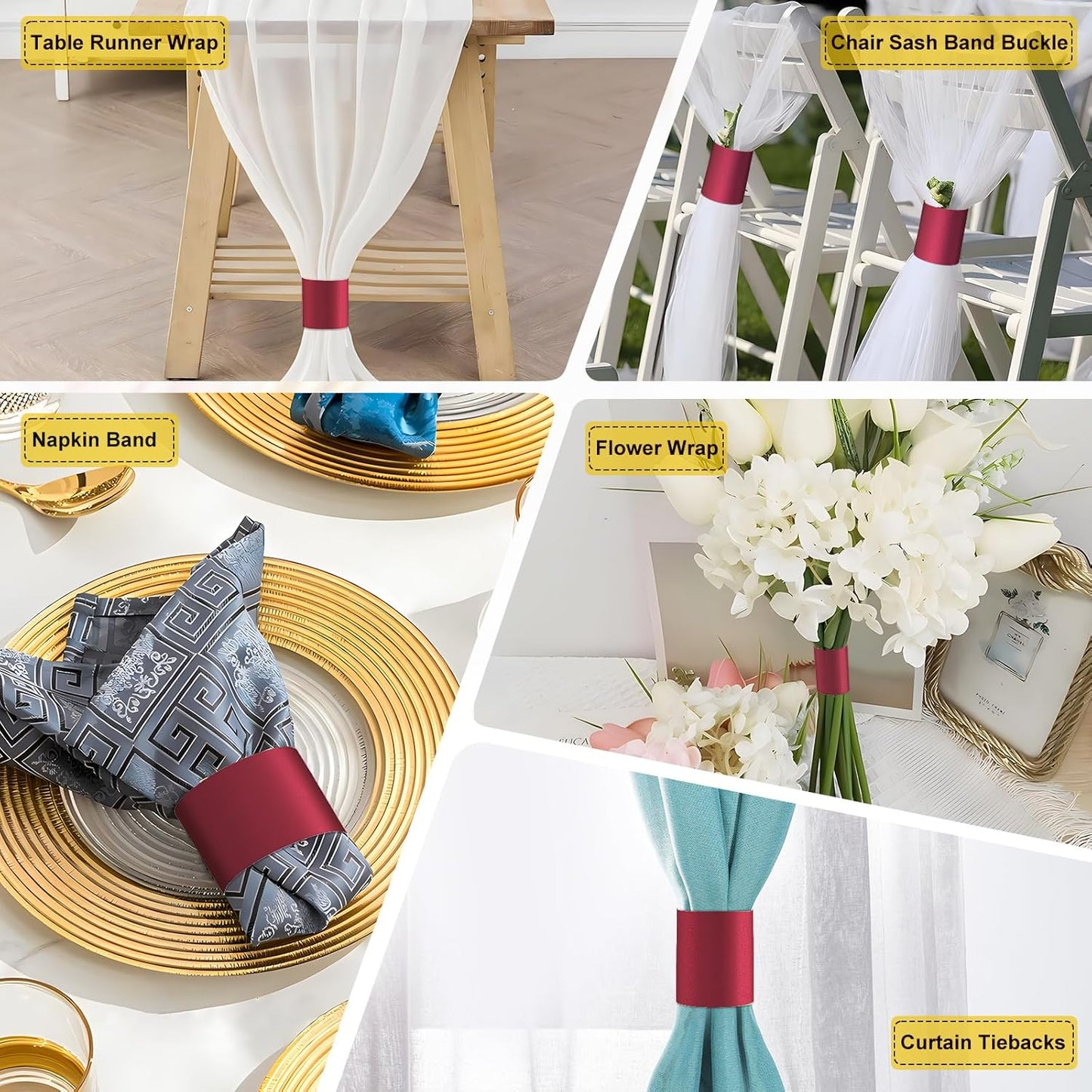 Polymer Material Reusable Napkin Band, Glue-Free Tear-Proof Water Resistant Oil-Proof Napkin Bands Set of 50(Front Burgundy Color and Back White), 6 Adjustable Sizes Napkin Rings