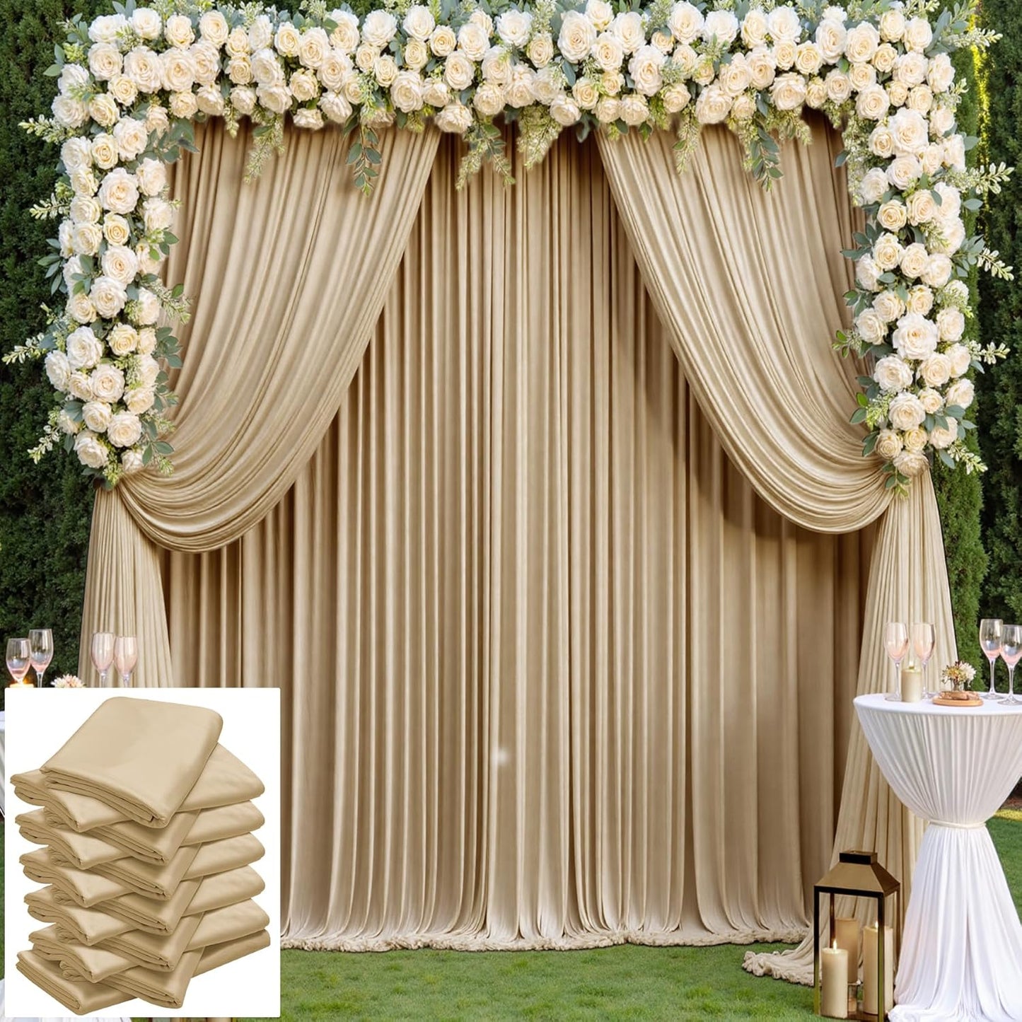 60×14 ft Wrinkle Free Beige Backdrop Curtain for Weddings Parties, 12 Panels 14ft Silky Polyester Wedding Drapes Backdrop Photo Back Drop Cloth for Birthday Baby Shower Photography Backgrounds