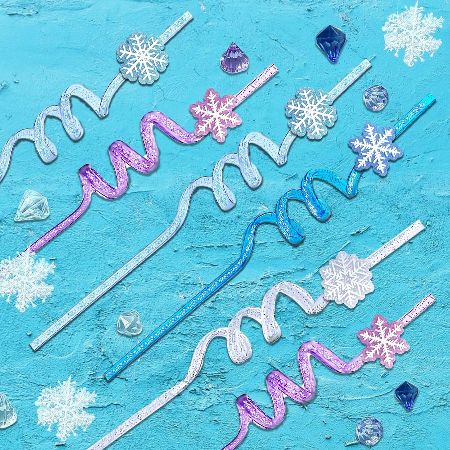 24Pcs Glitter Reusable Frozen Plastic Straws Drinking Straws, 4 Snowflake Shape & 4 Colors, Frozen Party Decoration Birthday Party Supplies