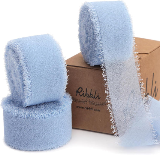 Ribbli Light Dusty Blue Ribbon 1 Inch x 3 Rolls Total 24 Yards Light Blue Handmade Fringe Chiffon Silk Ribbon for Wrapping Wedding Invitations Bridal Bouquets DIY Crafts Home Decor