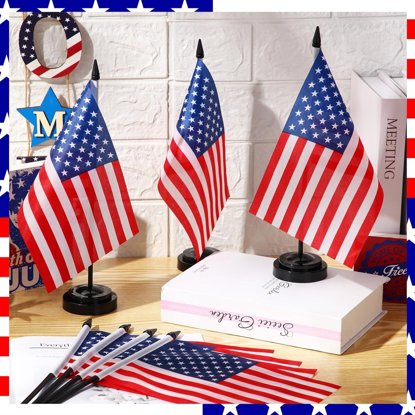 50 Pcs American Desk Flag Set Small USA Flags for Table with 13" Black Pole, Black Base and Spear Top, American Flag for Home Office Party Festival Celebrations Decor