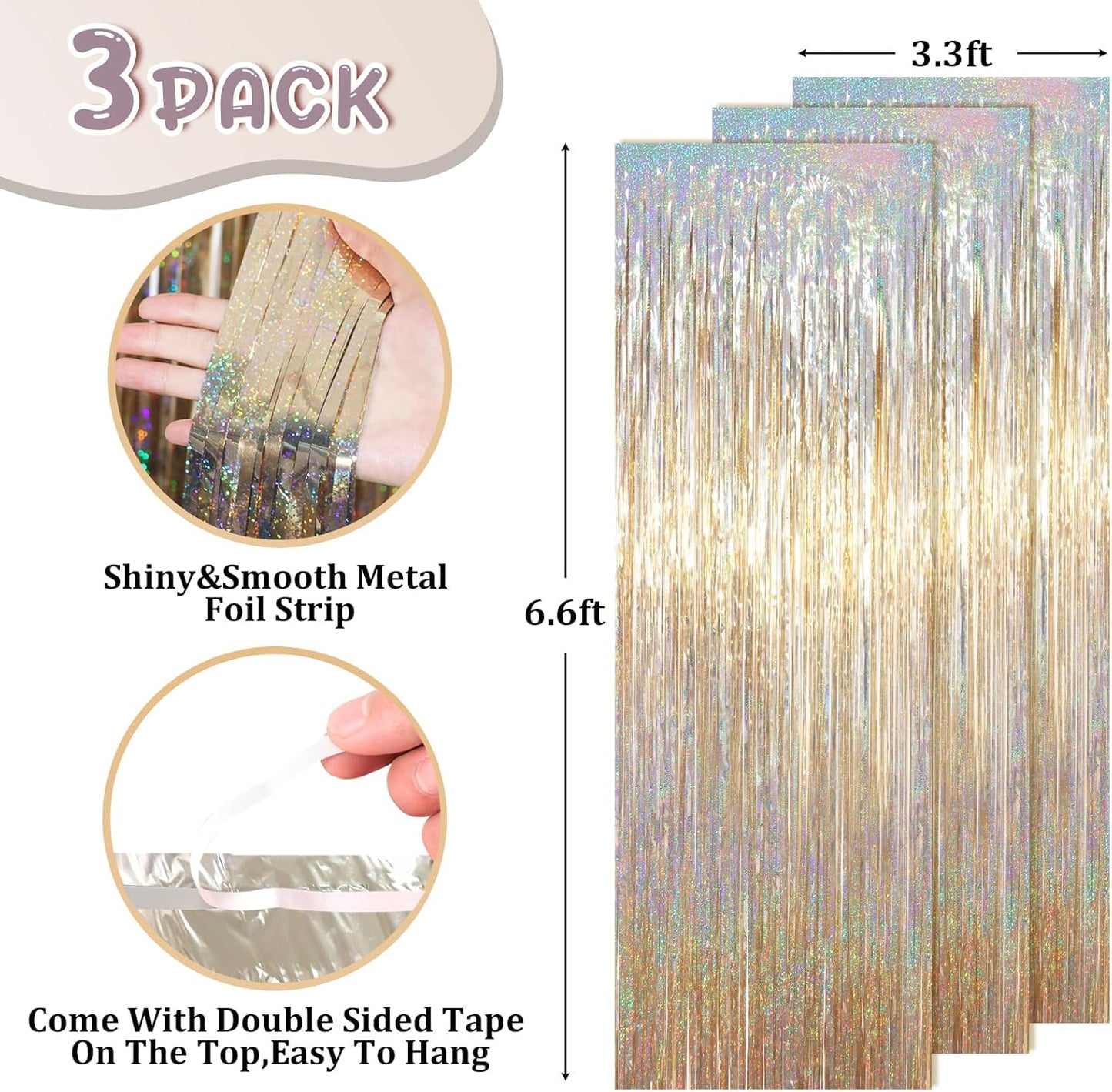 3 Pack 3.3 x 6.6 ft Champagne Foil Fringe Backdrop, Tinsel Streamers Party Decorations, Fringe Backdrop for Birthday, Photo Booth Props for Bachelorette, New Years Eve Party Supplies