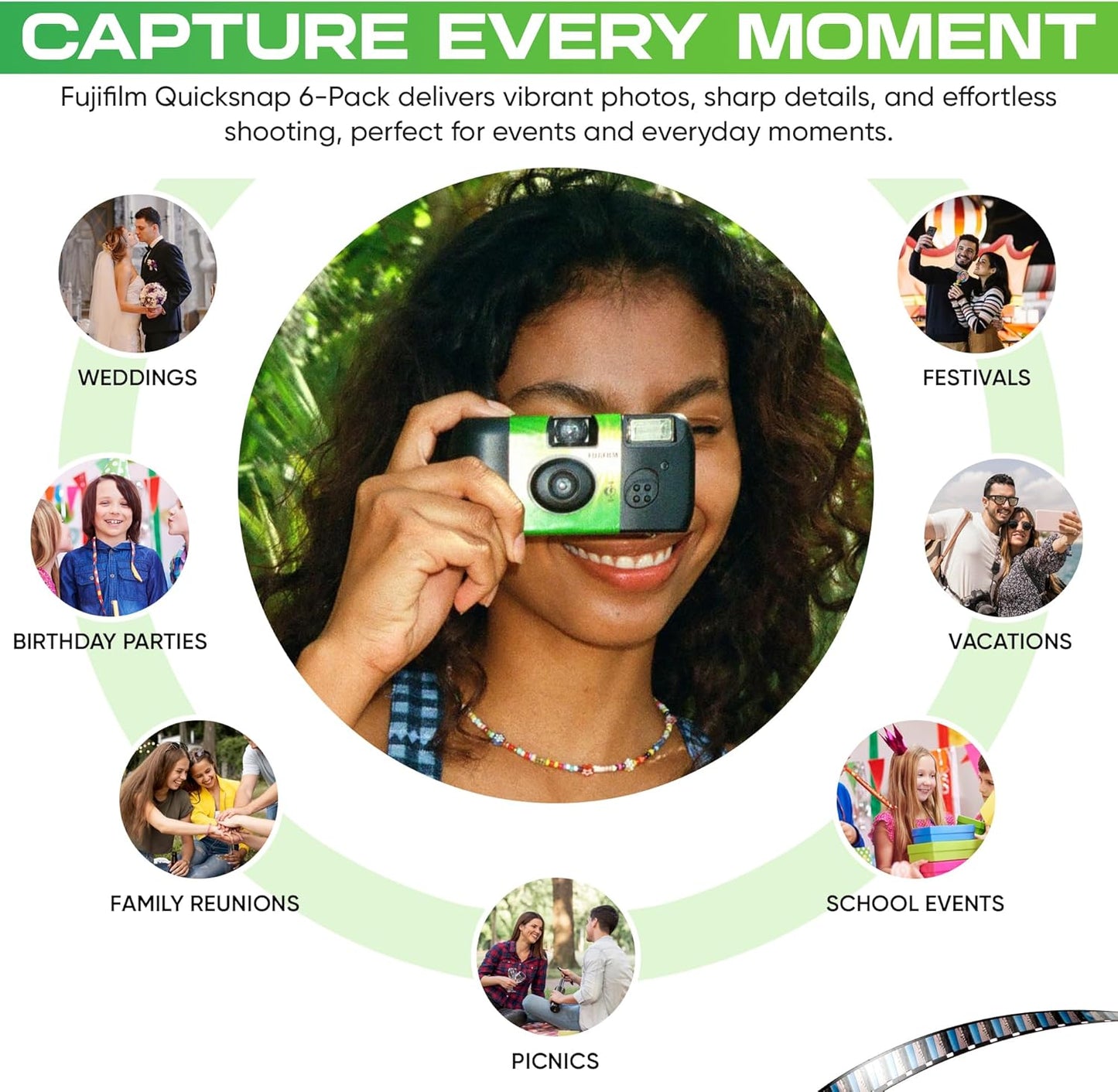 Fuji Film Quicksnap Flash Disposable Camera 400 Iso, 6 Pack, 35mm 27 Exp,with Balveli Coth, Fuji Film Disposable Camera Bulk, 6 Pack of Fuji Disposable Cameras.