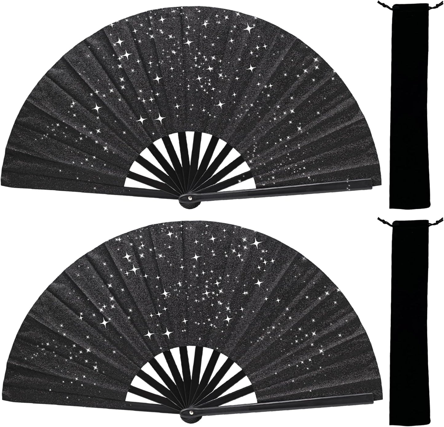 Glitter bling Large Folding Fan-Hand Fan Rave Clack Popping Fan for Line Dancing Clacking Fans for Boots On The Ground Dance, Party for EDM, Music Festival, Hot Flashes, Party, Decoration(2pcs black)