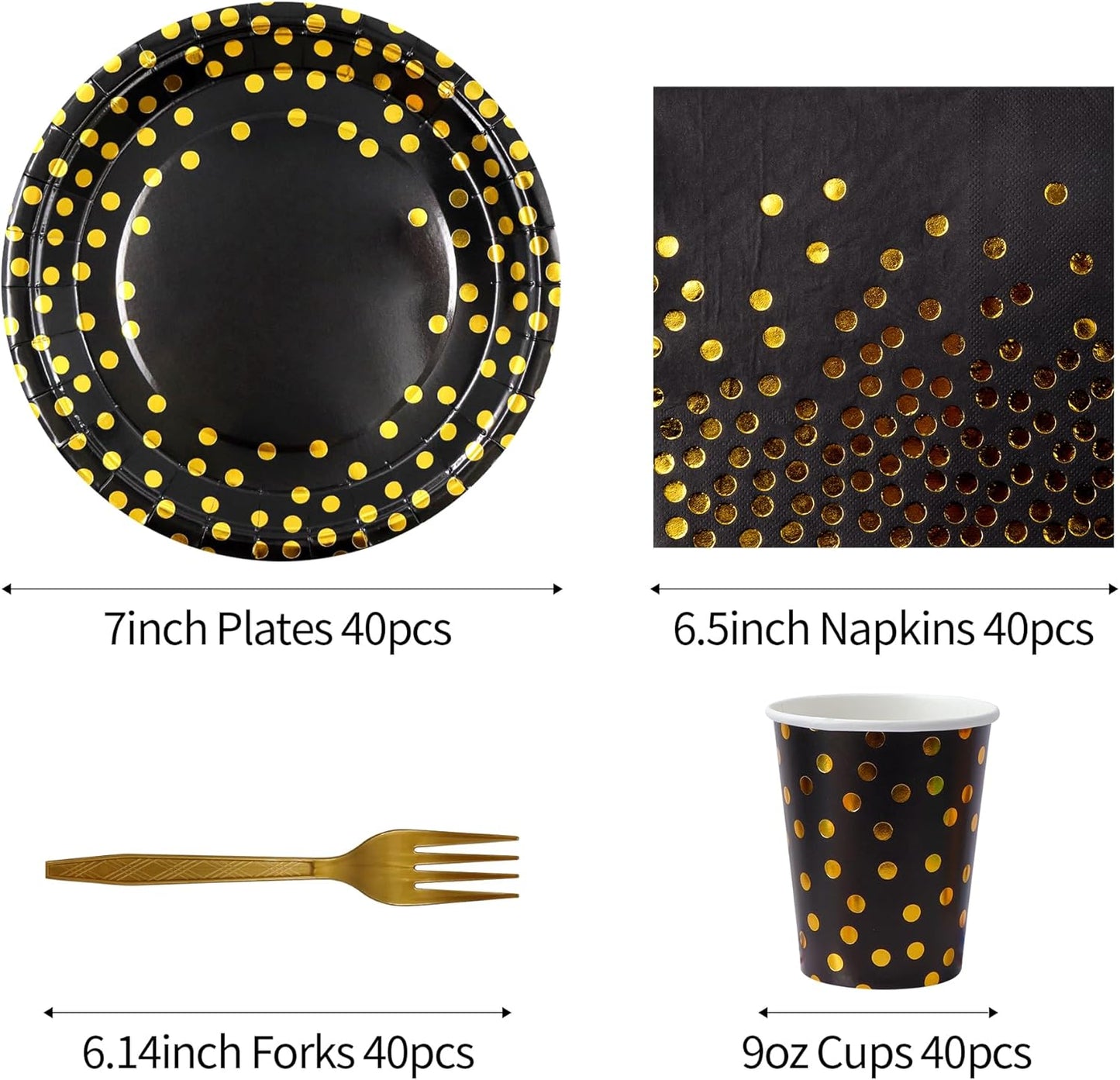160 Pcs Black and Gold Paper Plates, Forks and Cups Party Supplies, Disposable Paper Dessert Cake Plates Tableware Supplies for Birthdays, Graduations, Weddings, Holidays (40 Guests)