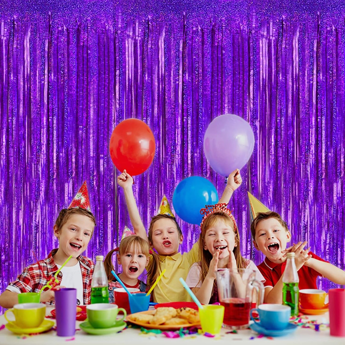 4 Pack Purple Tinsel Foil Fringe Curtain Backdrop, 3.28Ft x 8.2Ft Metallic Streamers for Photo Booth Props Wedding Bridal Shower Bachelorette Birthday New Years Christmas Party Decoration